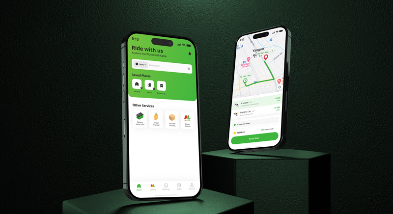CaCa passenger app — home screen and a booking with route, car types and fares
