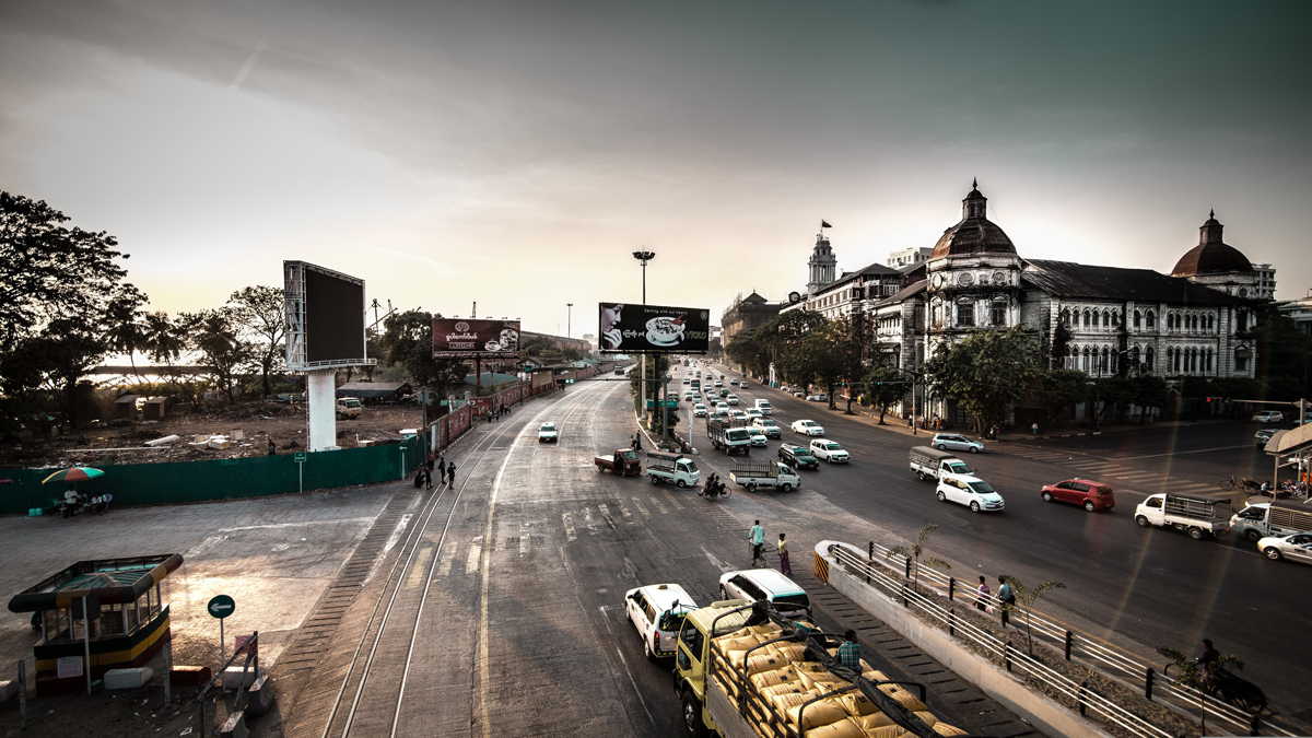 Downtown Yangon — the traffic CaCa was designed for